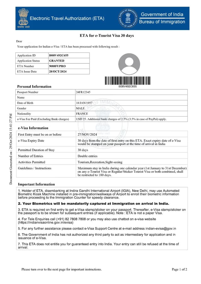 India e-Visa Sample