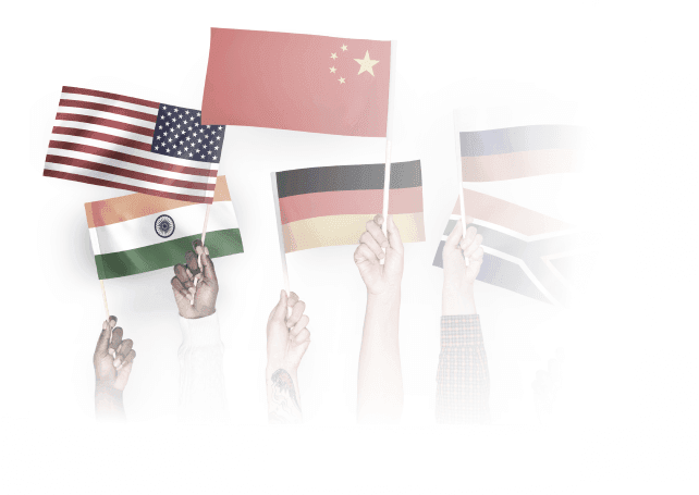 Hands holding flags from different countries